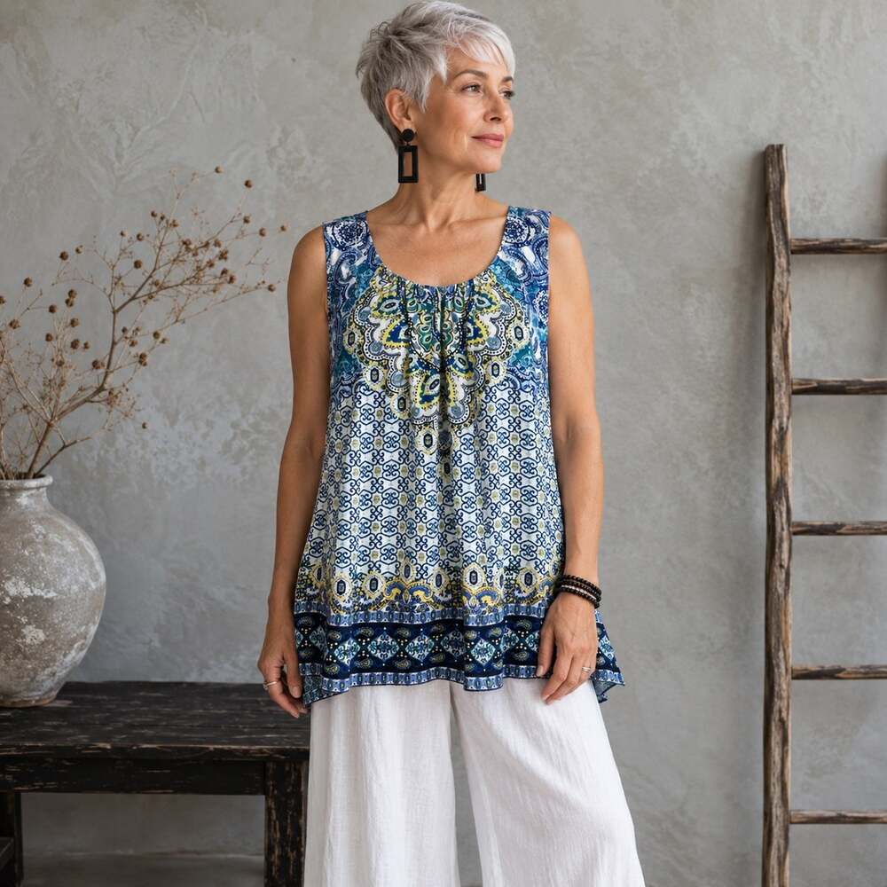 Chicos Blue White Yellow Paisley Print Tank Top 3